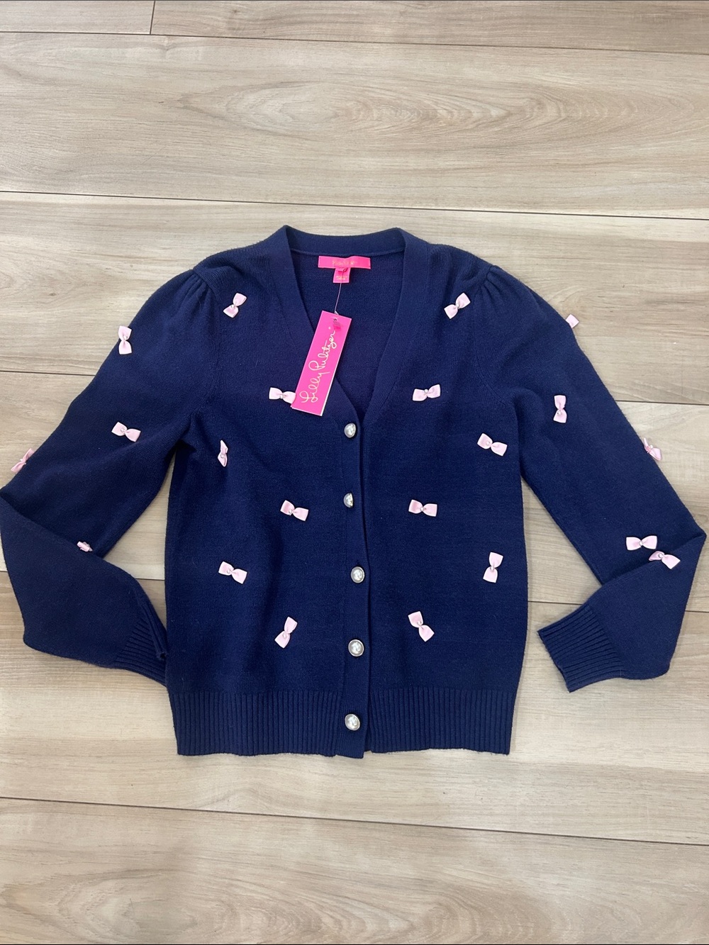 Lilly Pulitzer Navy Cardigan with Pink Bow Accents